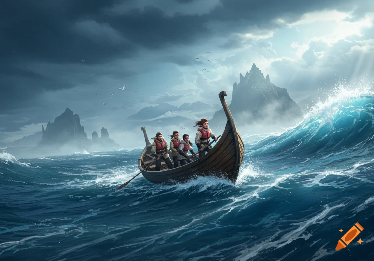 Four people in a wooden boat navigate high waves under a dramatic sky with sunlight breaking through clouds over distant mountains.