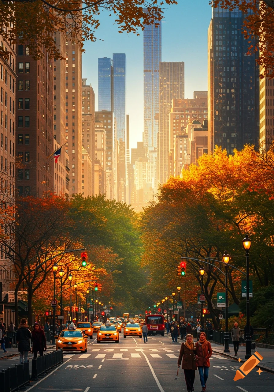 Photorealistic view of a bustling New York City street in autumn, with yellow taxis, pedestrians, and tall buildings under warm light.