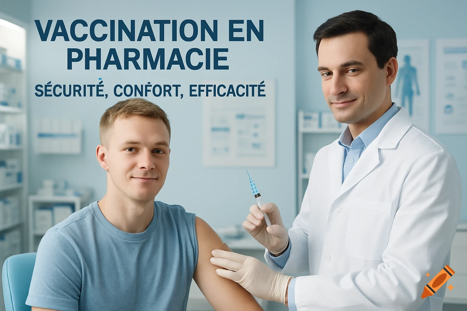 A male pharmacist in a white coat prepares to give a vaccination to a young man in a blue t-shirt, in a modern pharmacy setting. Text reads "Vaccination en pharmacie - sécurité, confort, efficacité"
