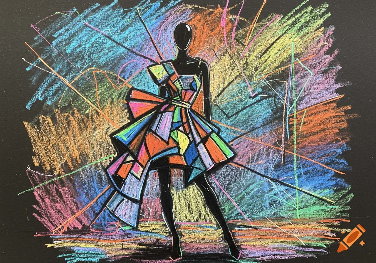 Stylized fashion illustration of a black silhouette figure in a colorful geometric dress with a chalk and felt background.