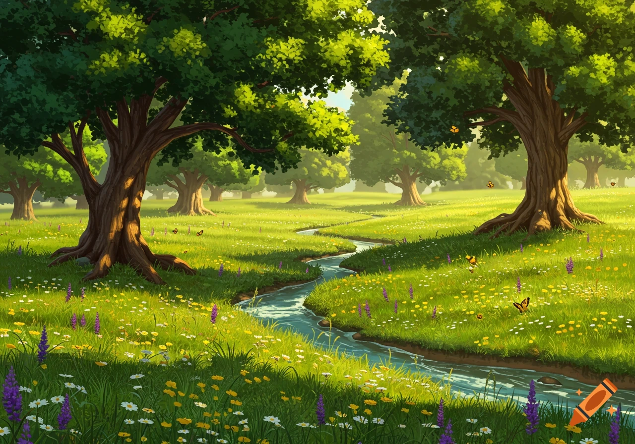 Vibrant illustration of a sunny green forest with a winding stream, tall trees, and wildflowers.