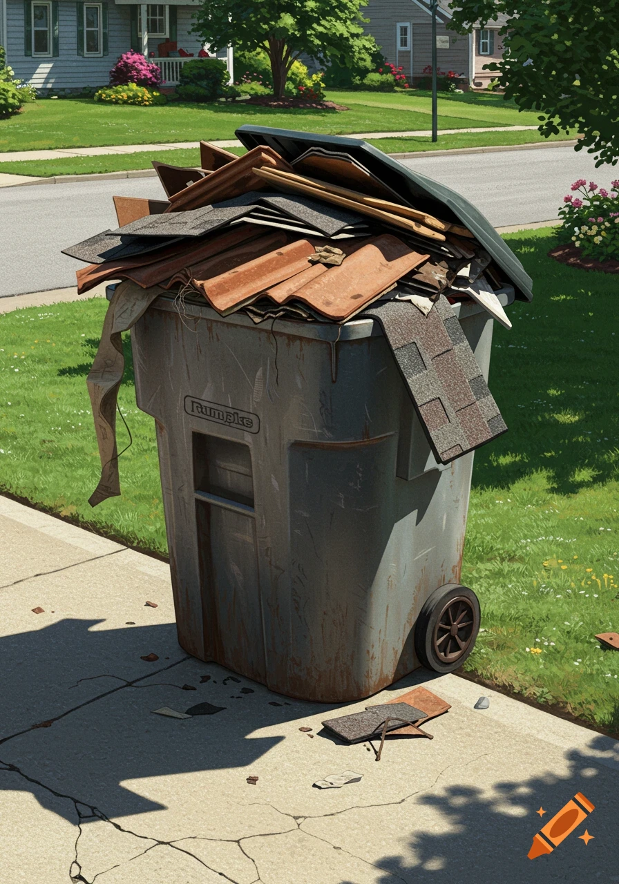 A gray Rumpke trash can overflows with roof shingles and debris on a cracked sidewalk in a sunny suburban neighborhood. Illustrative style.