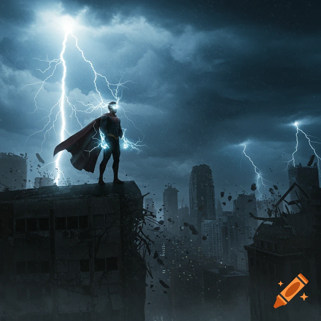 A powerful superhero stands on a destroyed skyscraper in a rainy, lightning-struck city, glowing with electric energy.