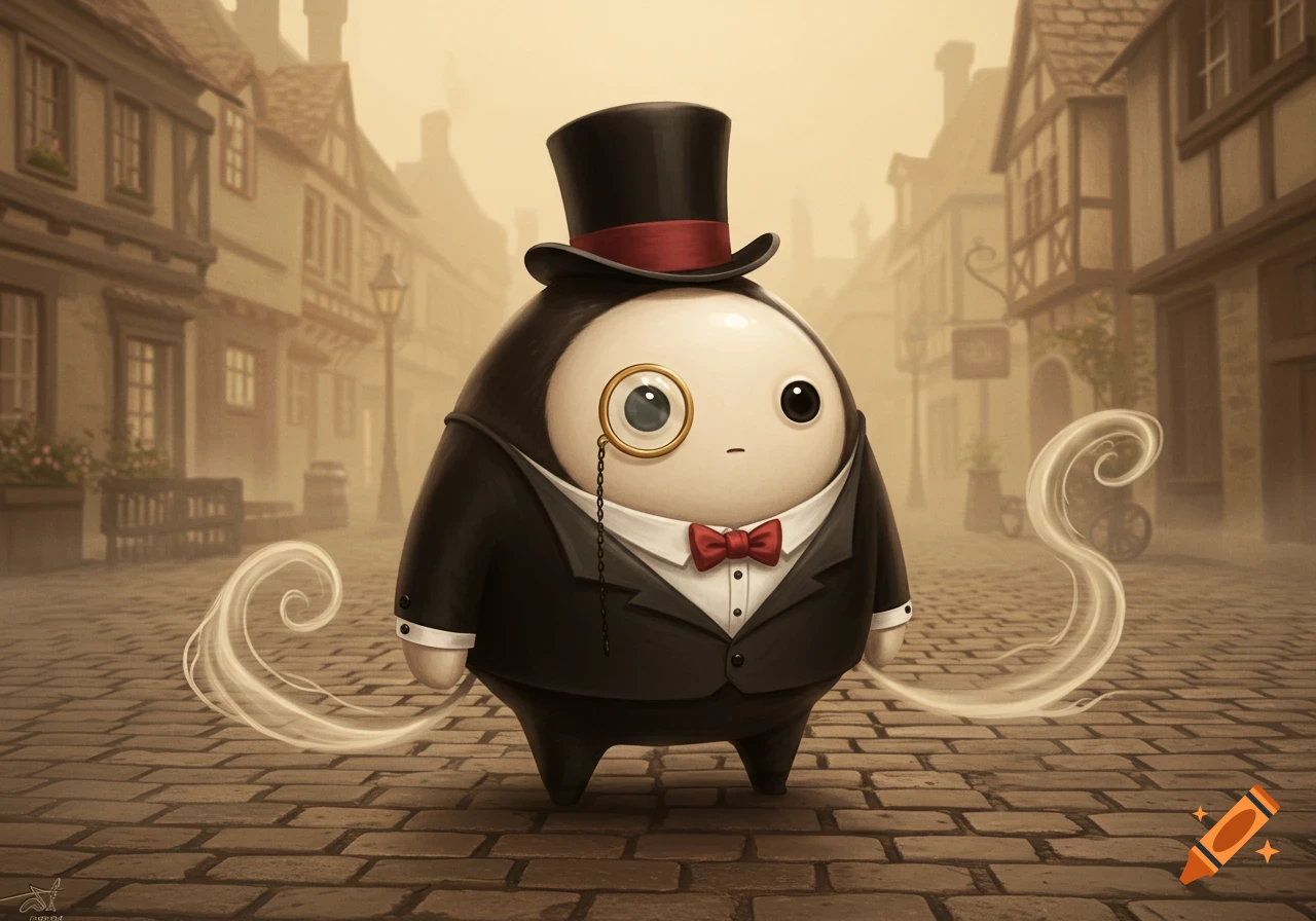 A cute, round creature in a top hat, monocle, and tuxedo stands on a cobblestone street in a foggy, old-town setting.