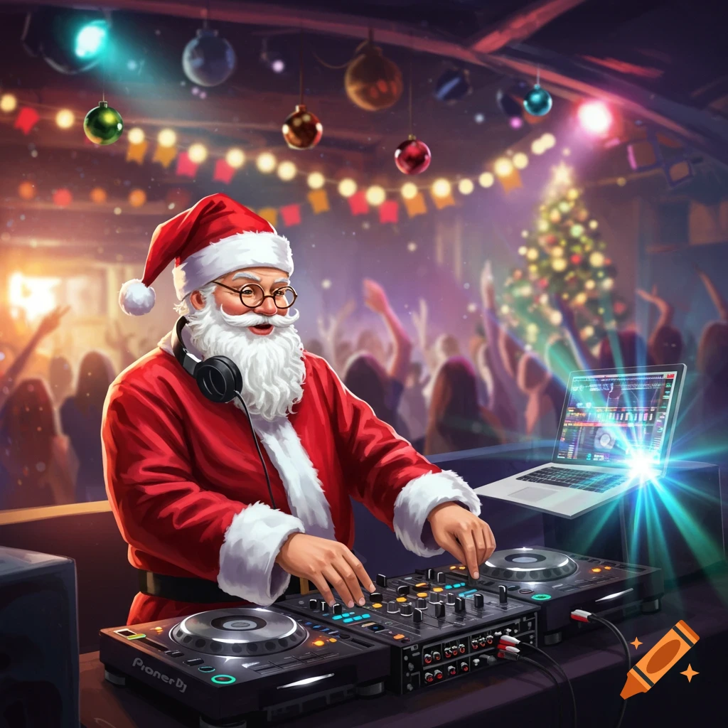 Santa Claus as a DJ with headphones, mixing music on turntables at a festive Christmas party with blurred dancing people.