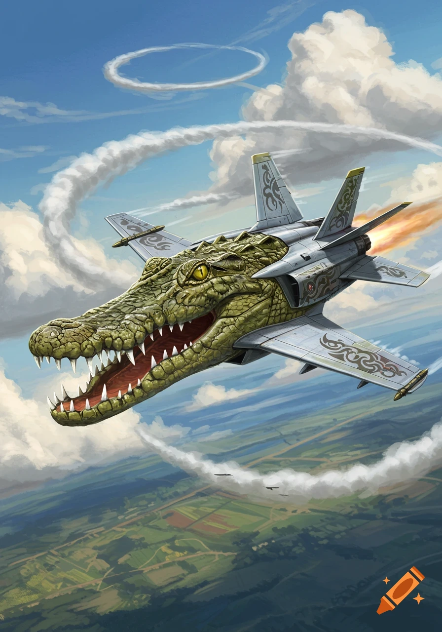 A fantasy illustration of a fighter jet with a crocodile's head soaring through a cloudy blue sky, leaving white contrails.