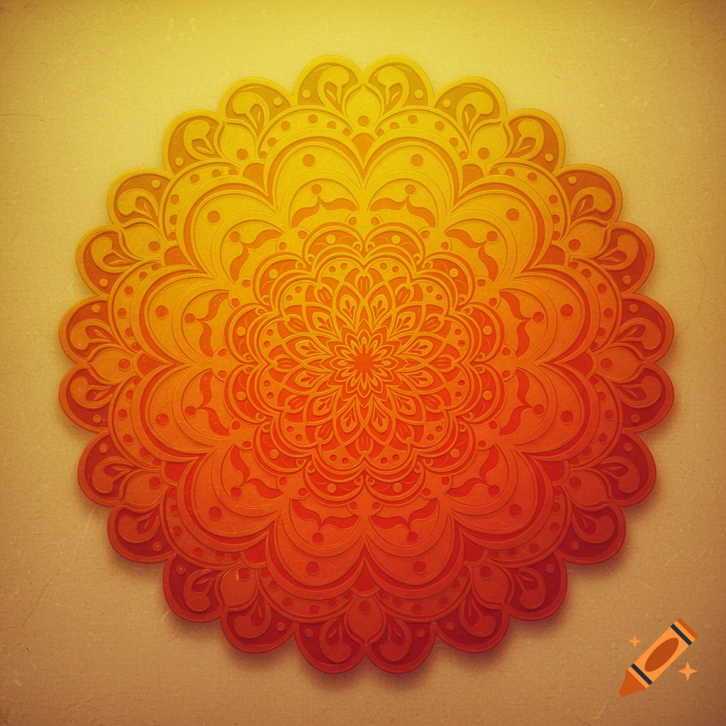 A detailed circular mandala pattern with a gradient of warm colors from yellow to orange and red on a textured beige background.