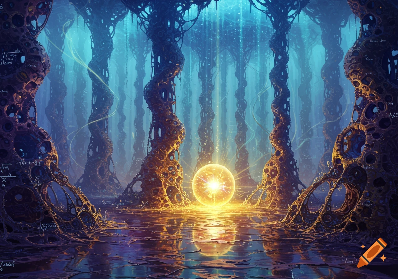 A glowing golden orb illuminates a mysterious, otherworldly forest with intricate, organic structures and reflective water under a turquoise sky.