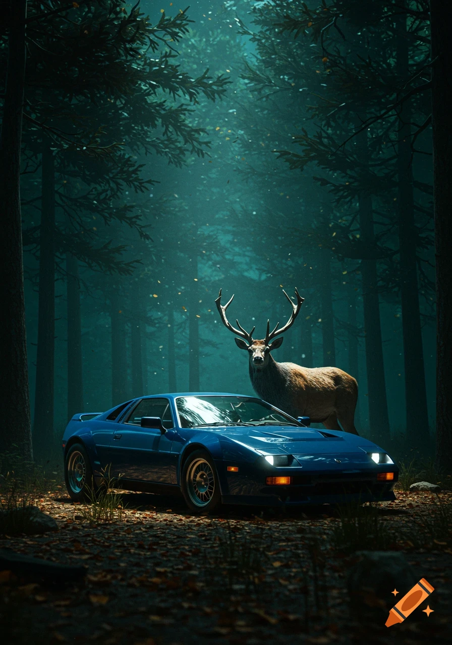 A blue sports car parked in a dark, misty forest with a deer standing next to it, photorealistic.