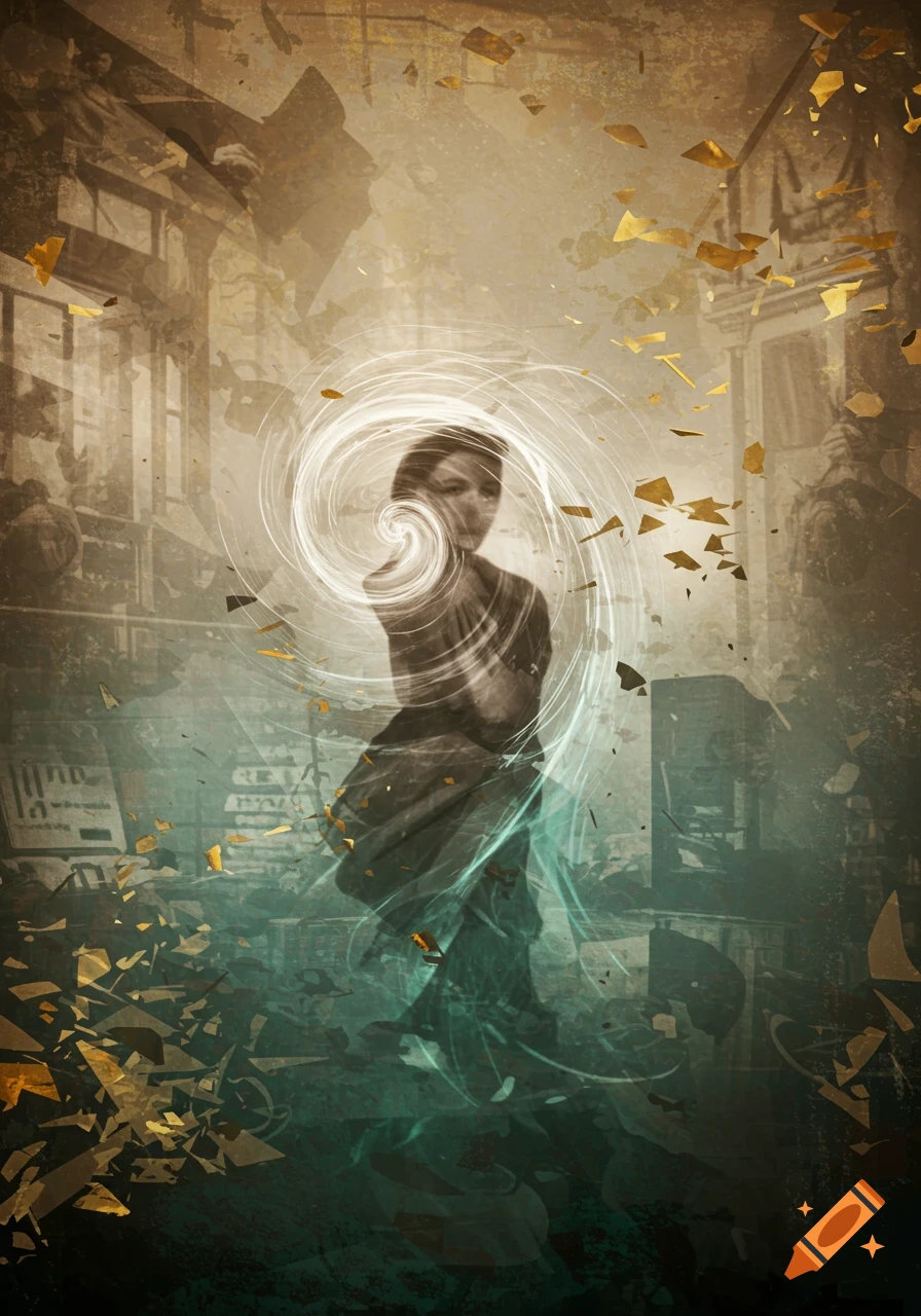 An ethereal figure obscured by a white and teal swirling vortex, surrounded by abstract, sepia-toned urban structures and shattered golden fragments.