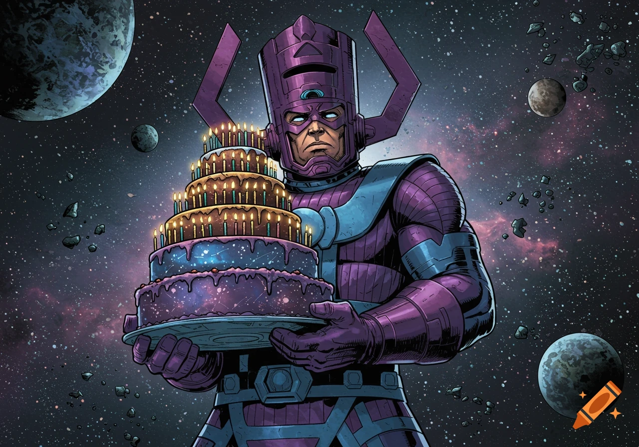 Comic book art of Galactus in space, holding a multi-tiered birthday cake with lit candles.