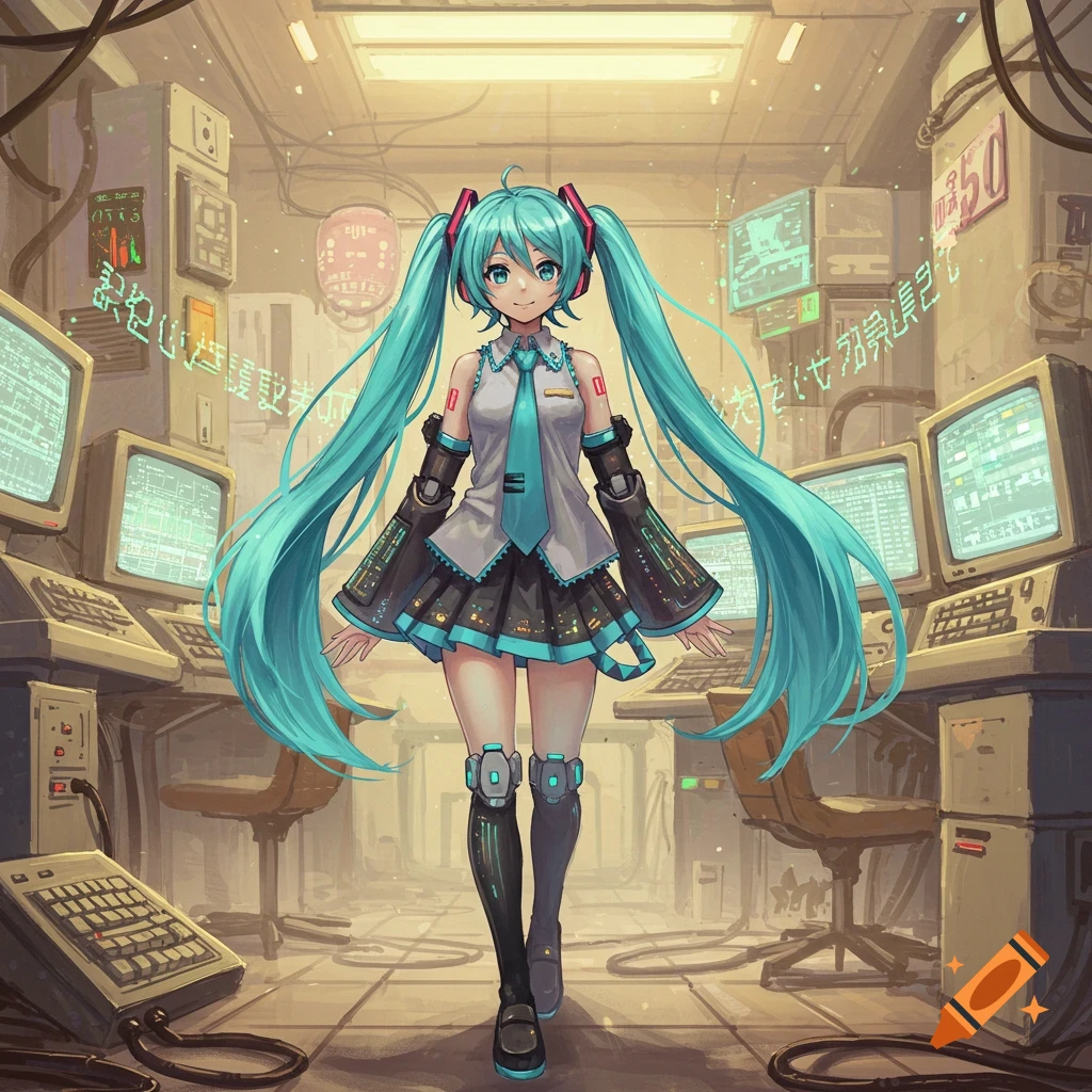 An anime character resembling Hatsune Miku stands in an old computer server room, surrounded by vintage monitors and keyboards.