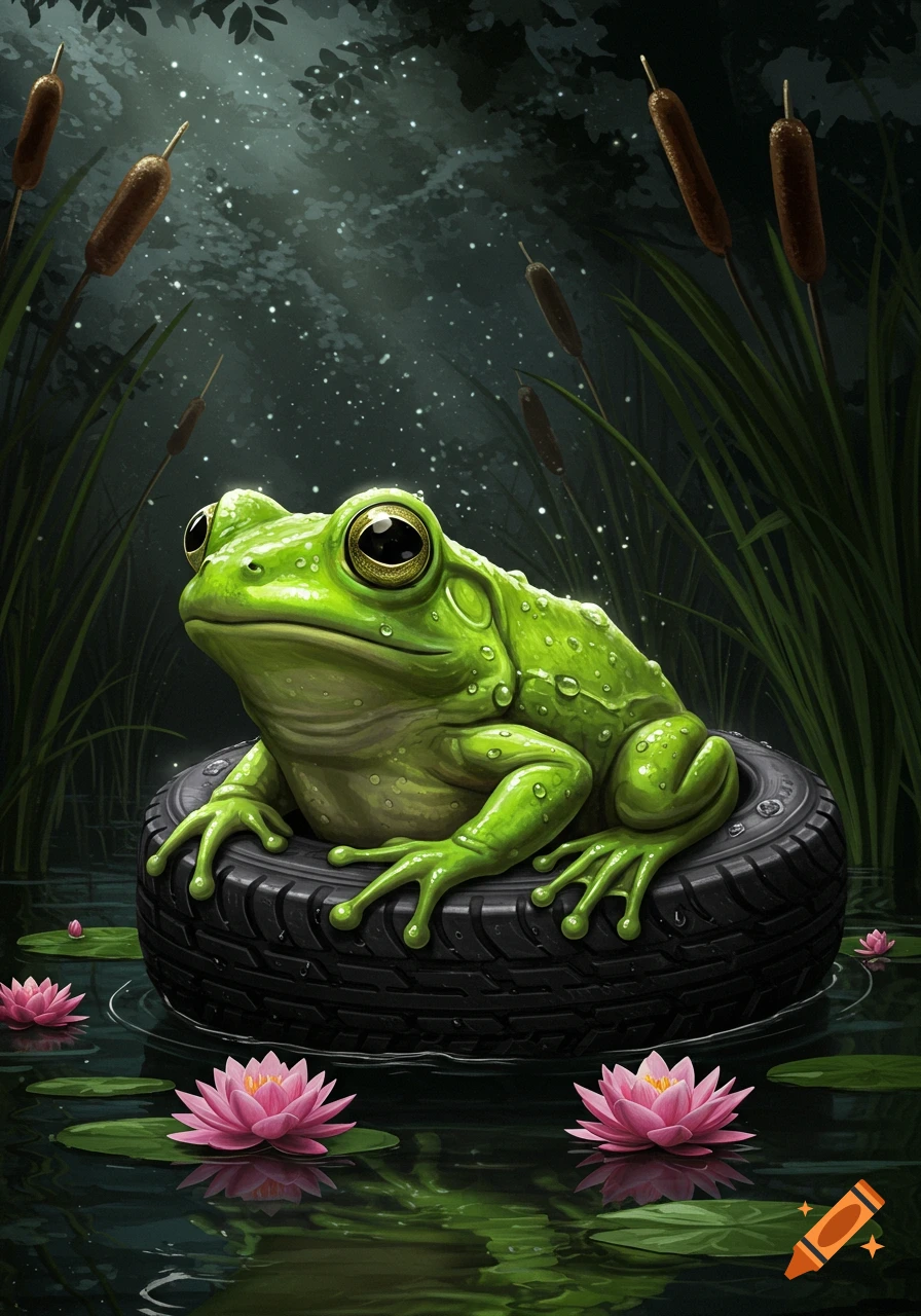 A vibrant green frog with water droplets sits on a car tire in a dark pond with pink lily pads and cattails.