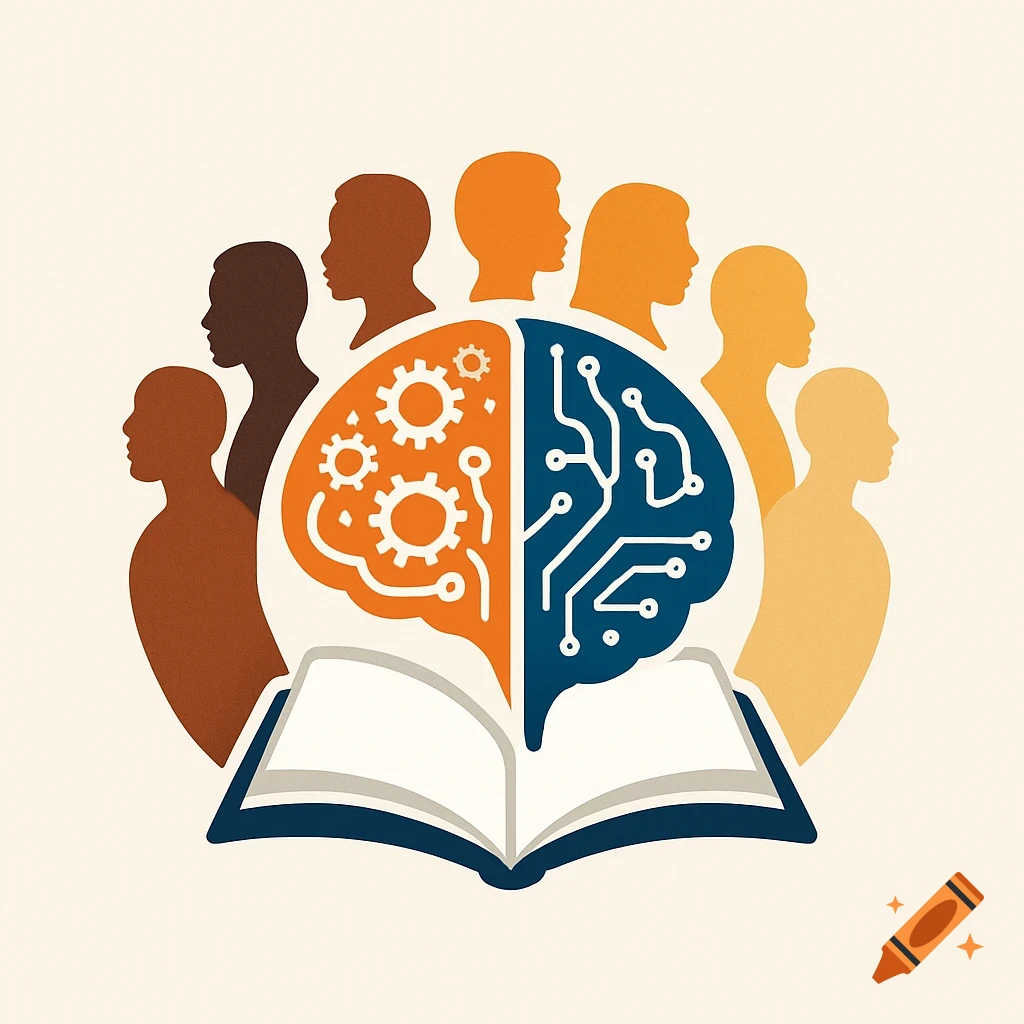 Stylized logo with diverse human silhouettes surrounding an open book and a brain split into gears and circuits.