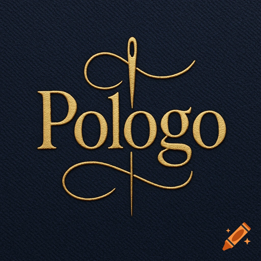 A golden textured 'Pologo' brand logo with a sewing needle and thread design on a dark blue textured background.