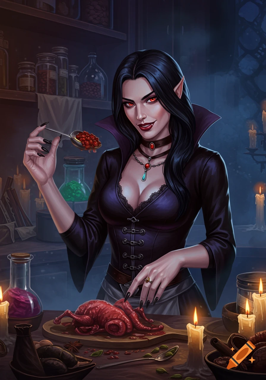 Seductive vampire woman with red eyes and fangs, in a dark chamber, prepares raw meat while holding a spoon of berries, digital art.