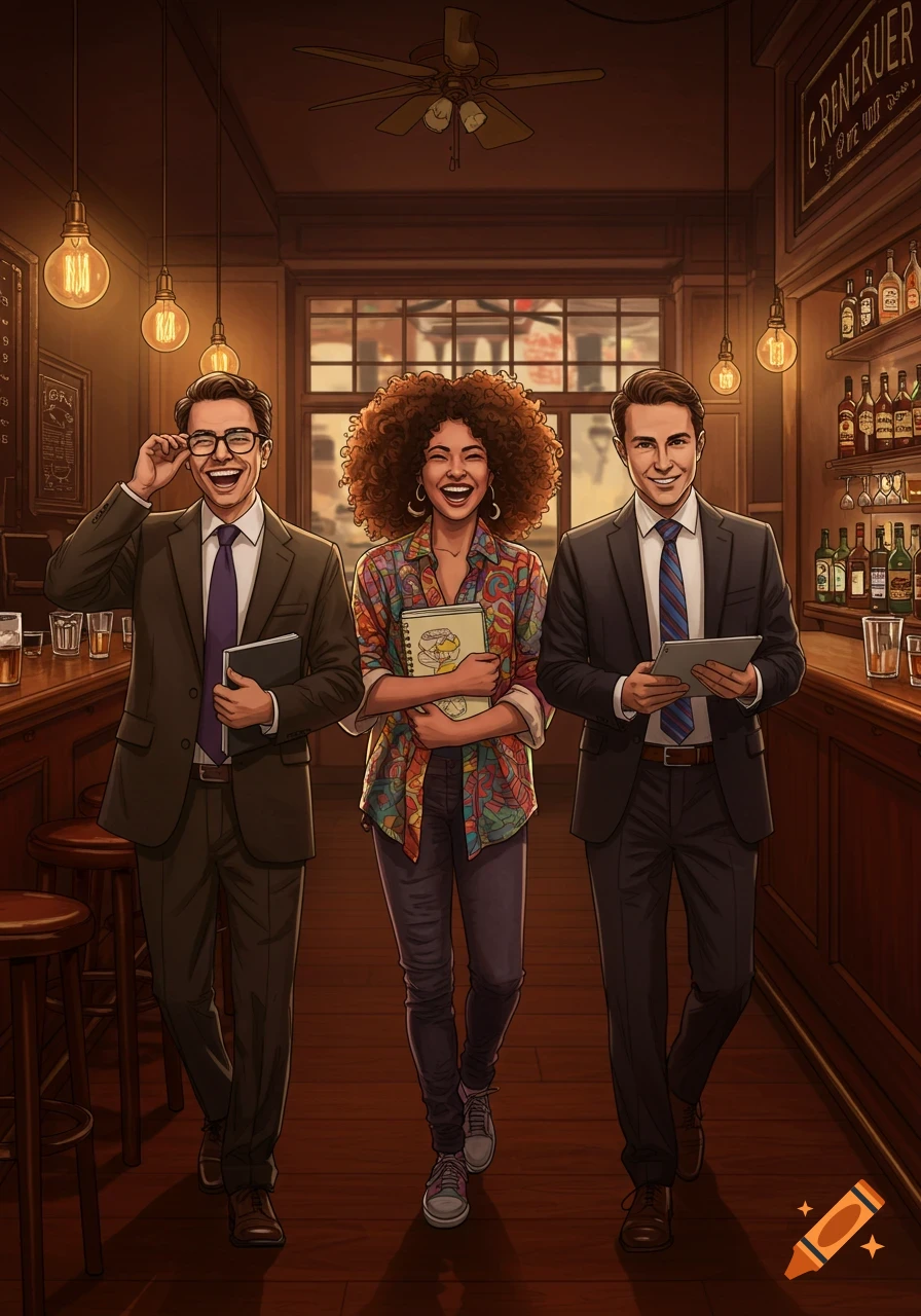 An illustration of two men in suits and a woman with curly hair in a colorful shirt, all smiling and walking through a warmly lit bar.