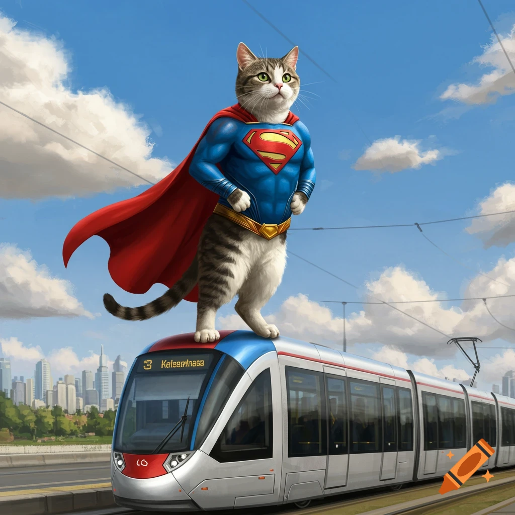 A tabby cat dressed as Superman stands triumphantly on top of a modern train, with a city skyline in the background under a blue sky.