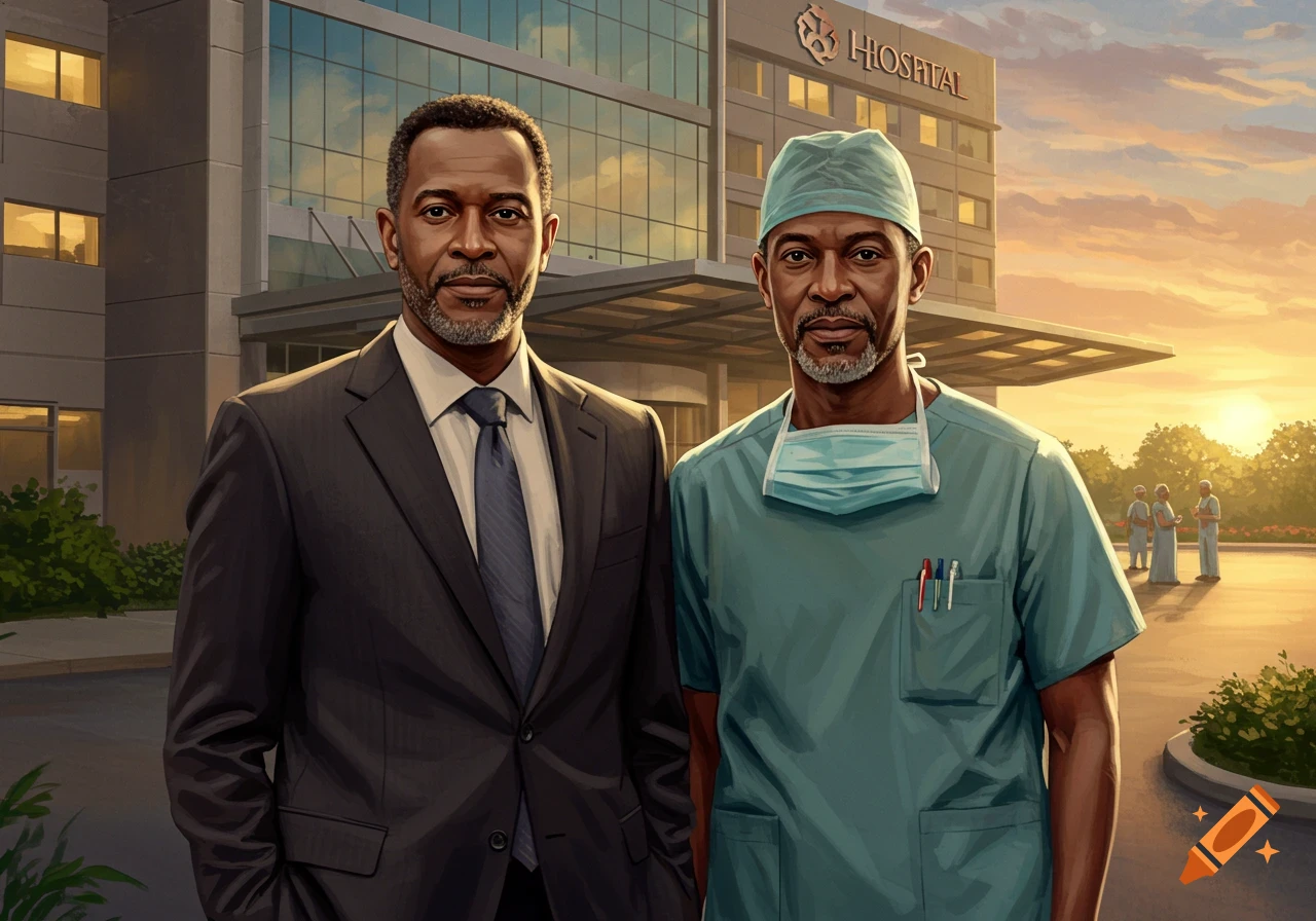 Two men, one in a suit and one in teal scrubs, stand in front of a hospital building at sunset, photorealistic style.