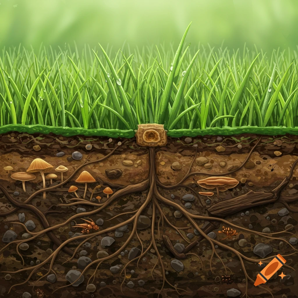 Detailed illustration of a cross-section of vibrant green grass and rich brown soil with roots, mushrooms, rocks, and insects.