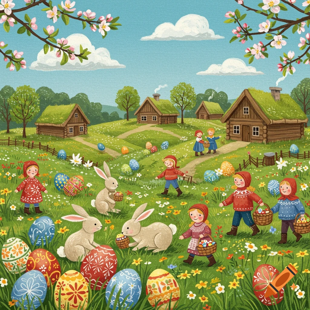 Children and bunnies collect decorated Easter eggs in a green field with village houses in a Scandinavian storybook illustration style.