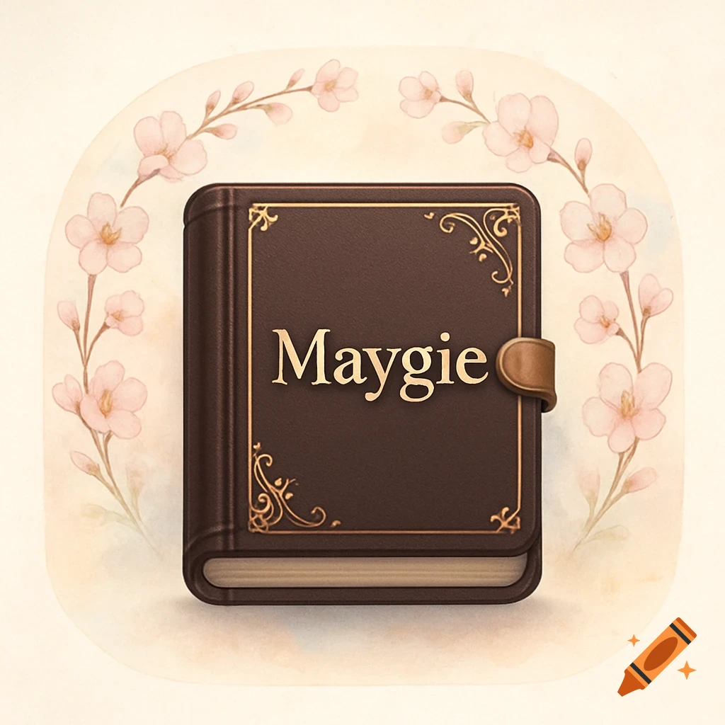 An icon of a brown leather-bound diary with 'Maygie' on the cover, framed by delicate pink watercolor cherry blossoms.