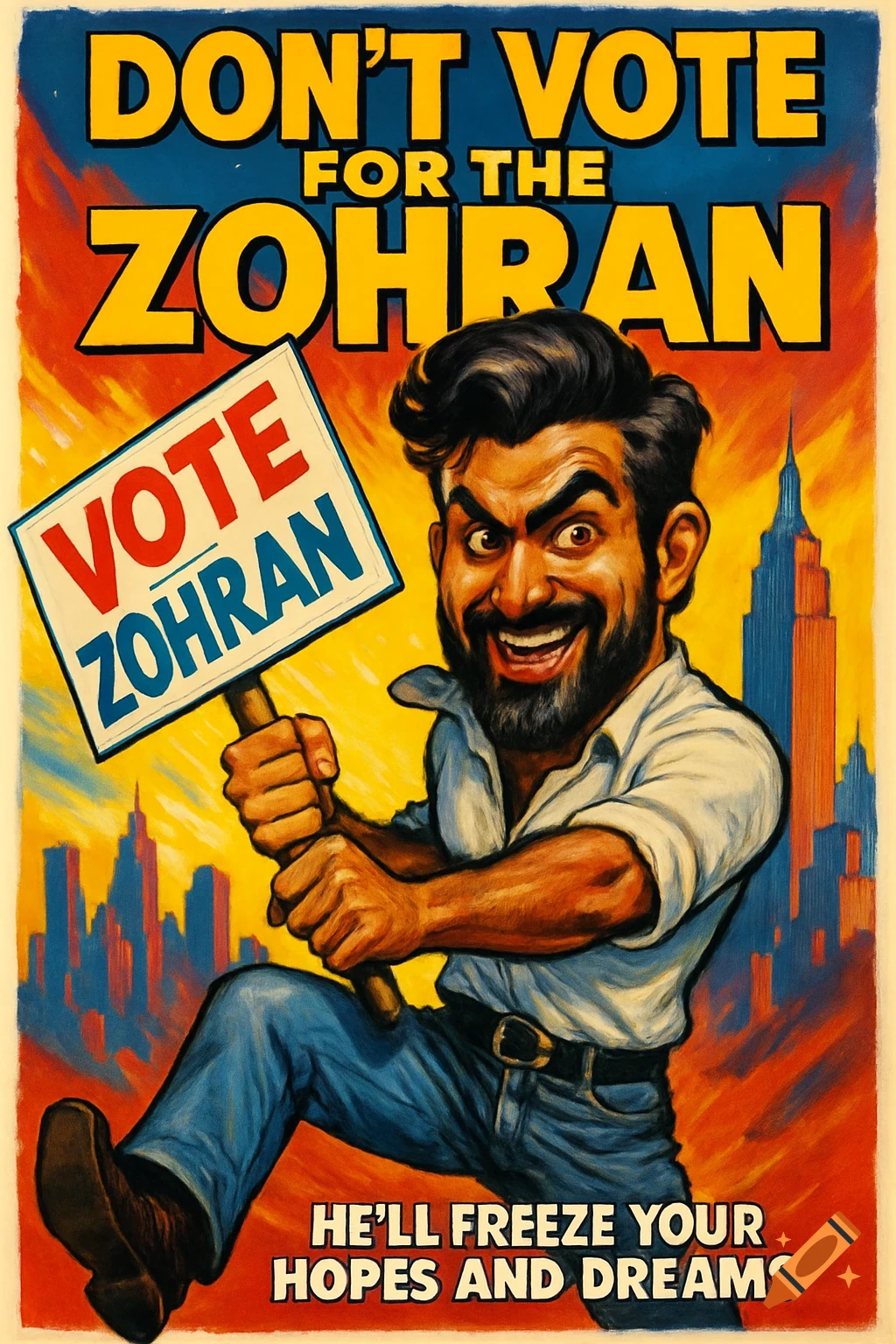 Comedic movie poster parody of a man holding a 'VOTE ZOHRAN' sign against a NYC skyline, with text 'DON'T VOTE FOR THE ZOHRAN'.