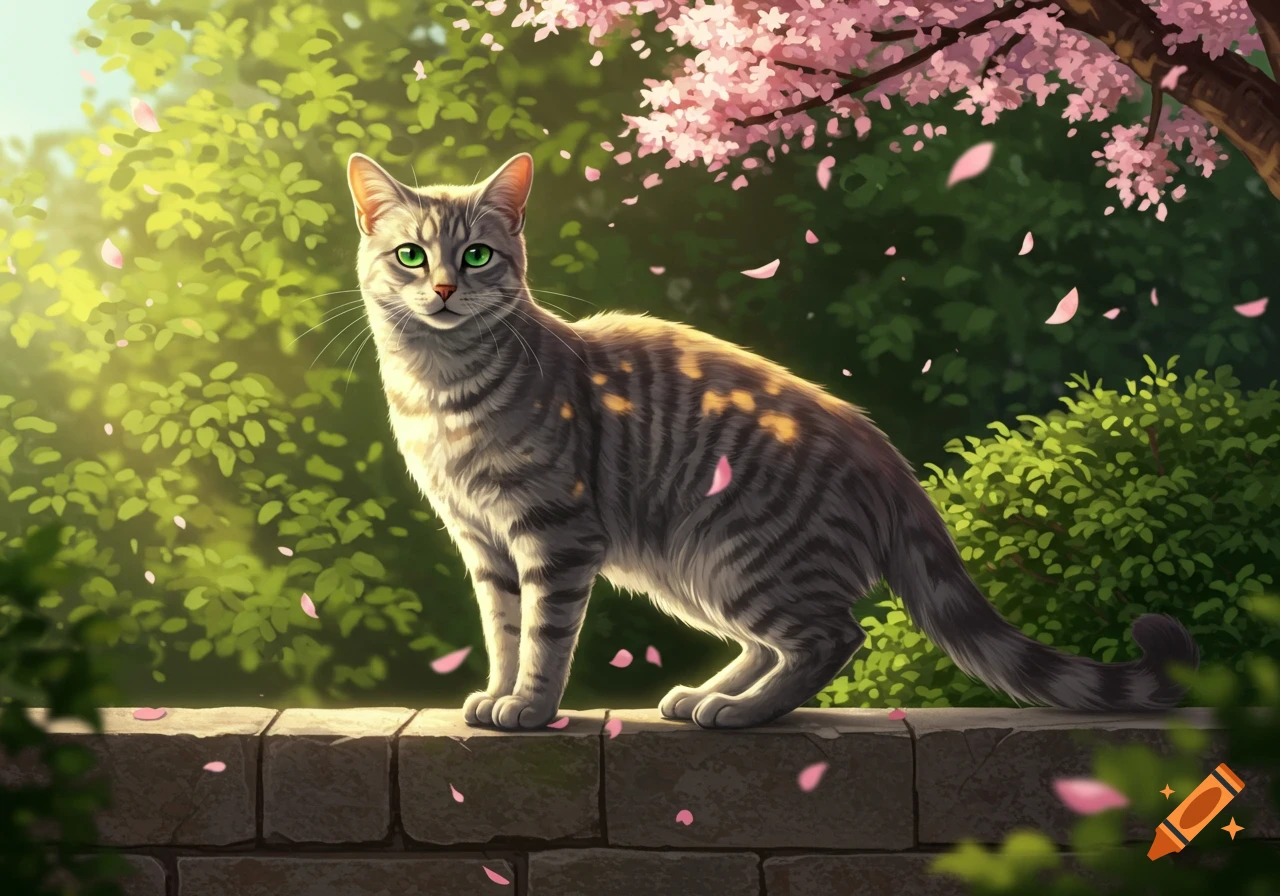 A green-eyed tabby cat stands on a stone wall in a sunlit garden with pink cherry blossom petals falling around it, digital art.