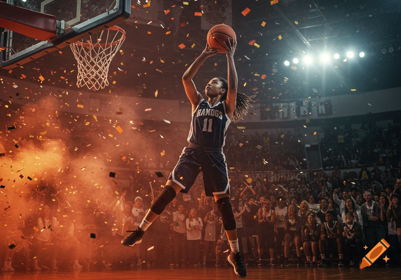 A female basketball player in a blue uniform jumps to shoot a basketball as confetti falls in a brightly lit arena with a cheering crowd.