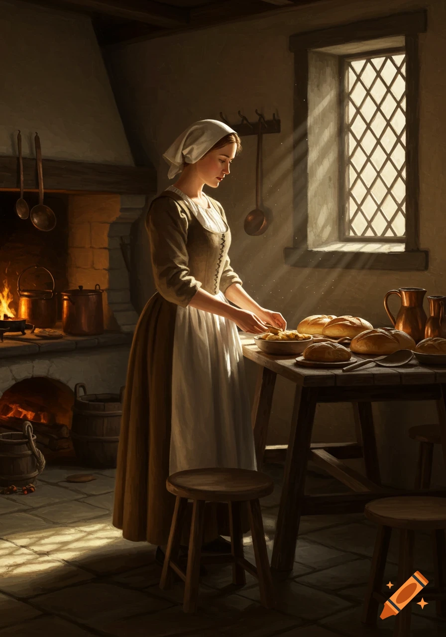 A painterly image of a 16th-century maid in a sunlit rustic kitchen, preparing bread and other food.