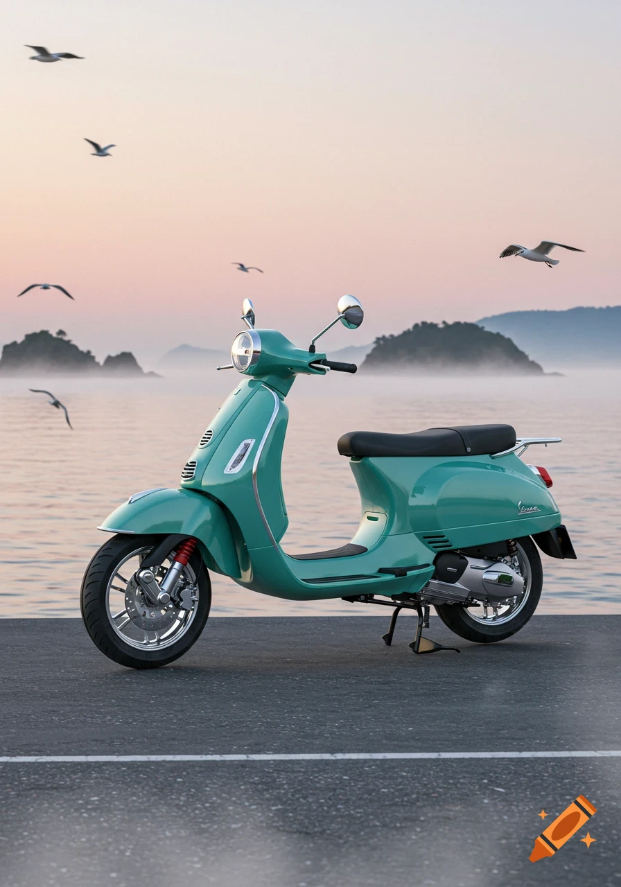 A teal green scooter parked next to calm water with misty islands and seagulls under a pastel sunset sky. Photorealistic.