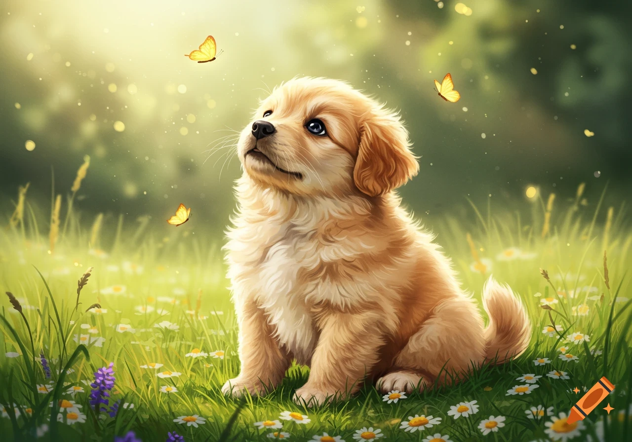 A fluffy golden puppy sits in a sunny field of green grass and white daisies, looking up at yellow butterflies in a whimsical digital art style.