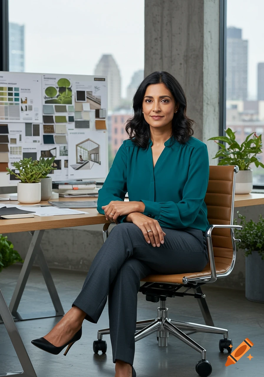 A professional woman in a teal blouse and gray pants sits on a chair at a desk in a modern office, smiling at the camera. A design board is visible in the background.