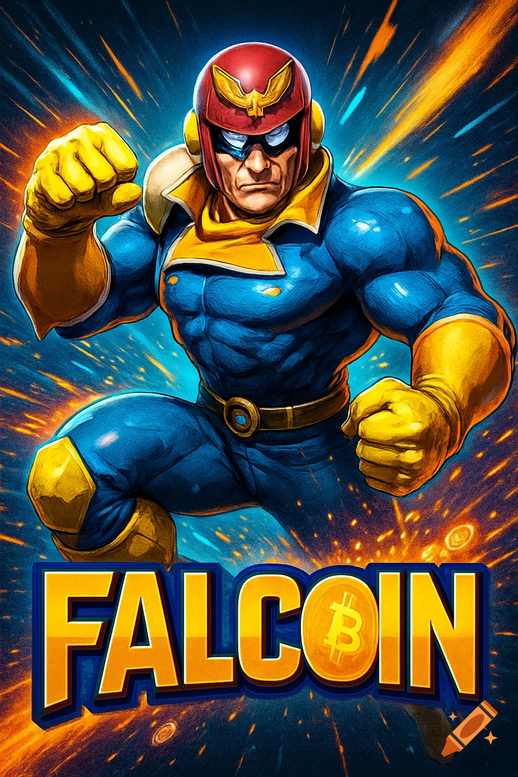 Muscular Captain Falcon in a blue and gold suit, red helmet, dynamically posed against an energetic background, with 'FALCOIN' text and Bitcoin symbol.