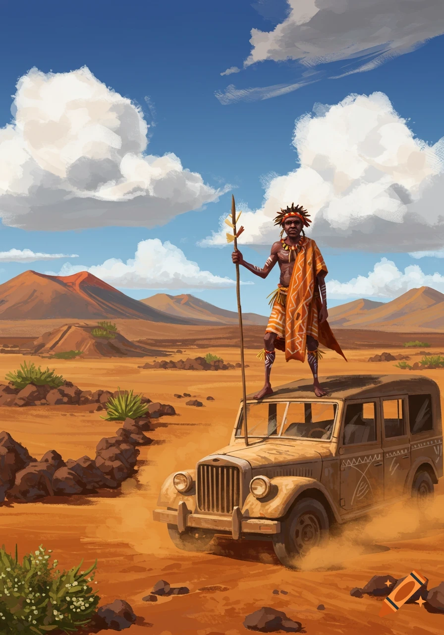 An indigenous man in traditional attire stands on an old jeep, holding a spear in a desert landscape. Illustration.