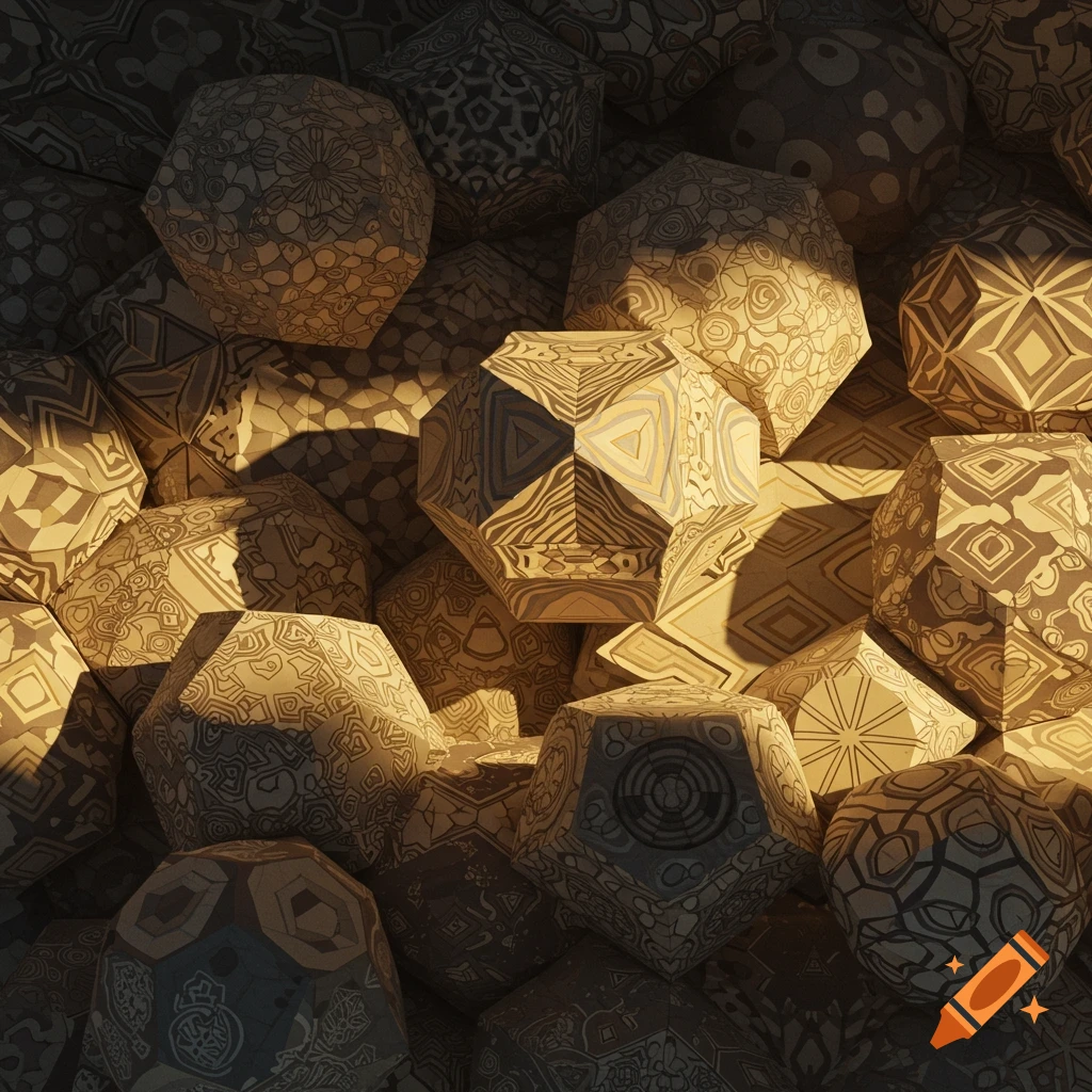 A close-up of numerous nested geometric polyhedra, each adorned with diverse, intricate patterns in muted earthy tones, casting strong shadows.