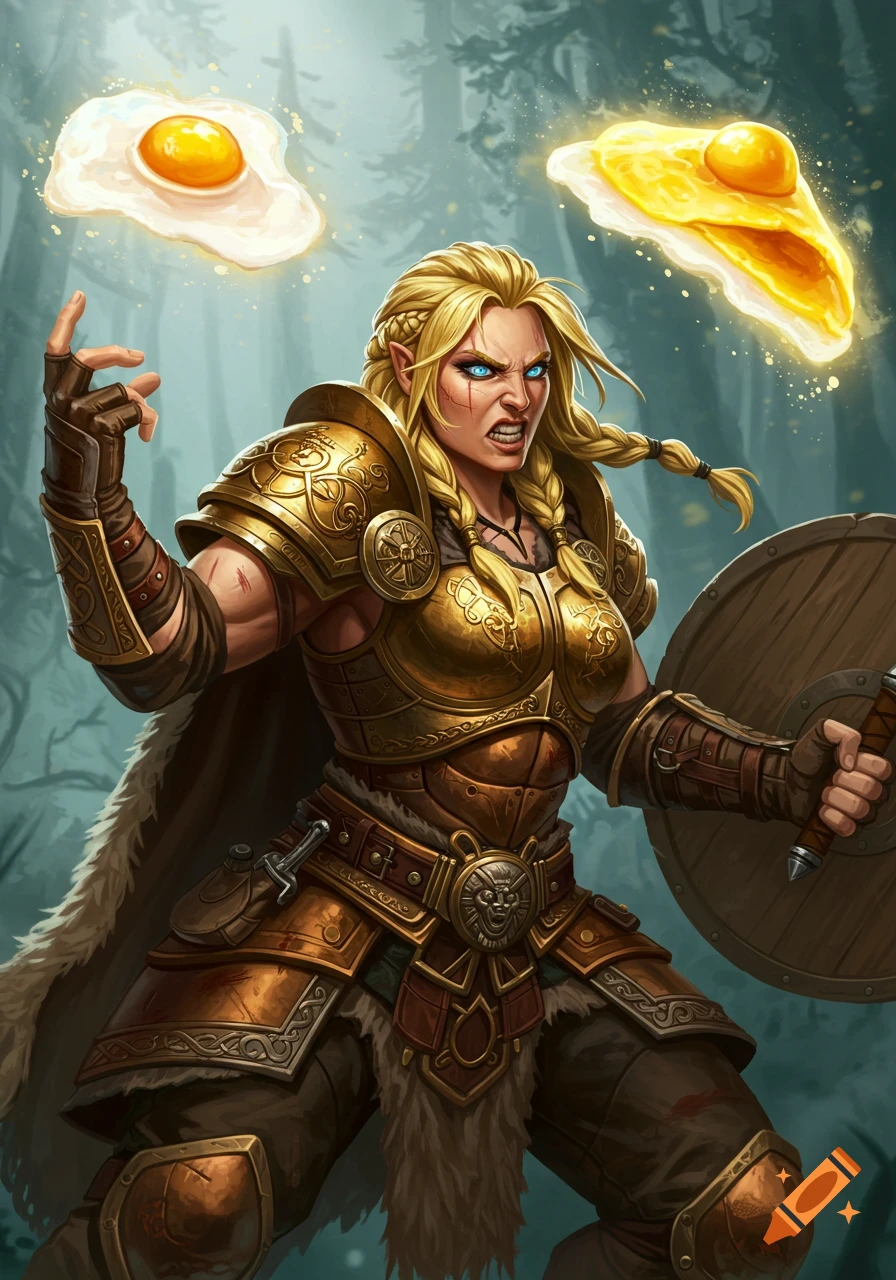A fierce blonde female barbarian in golden armor, with blue eyes and braided hair, angrily levitates two fried eggs in a forest.