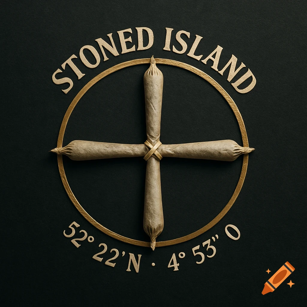A gold-outlined logo on a dark background featuring four realistic cannabis joints forming a cross, with 'STONED ISLAND' text above and coordinates below.