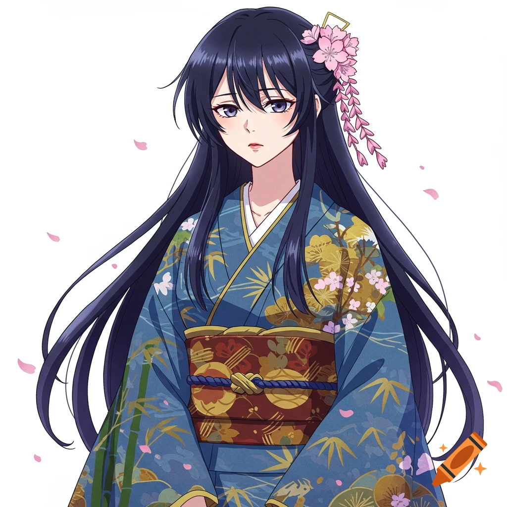 Anime girl wearing a blue kimono with long dark hair, adorned with pink cherry blossoms in her hair, against a white background.