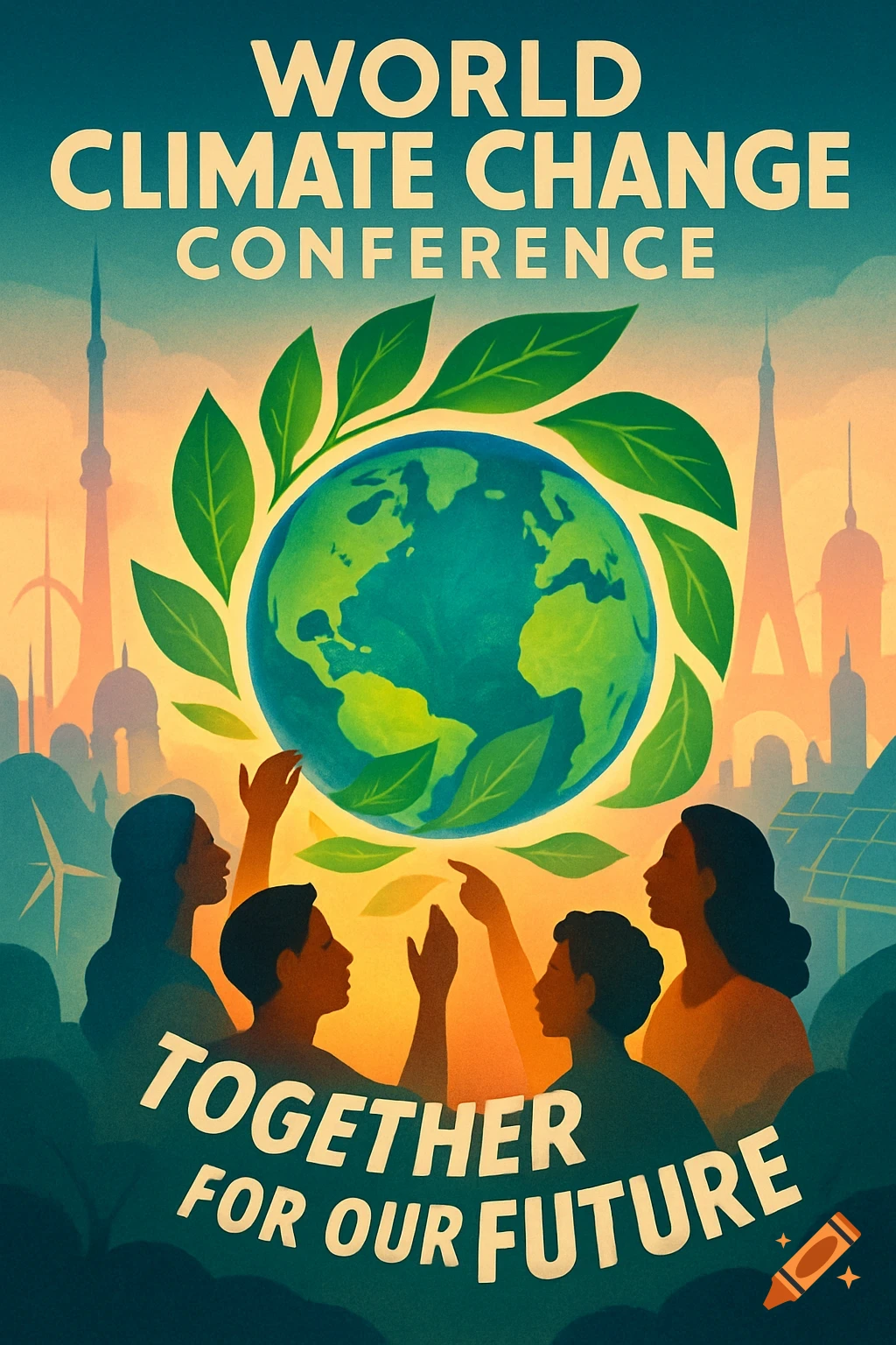 Stylized poster for World Climate Change Conference: Earth, green leaves, diverse people, city skyline. Text: 'Together For Our Future'.