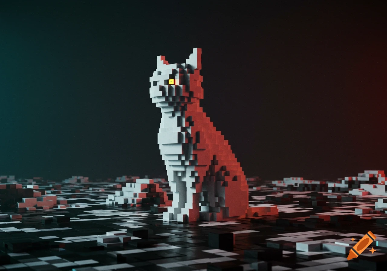 A white and red pixel art cat with glowing yellow eyes sits on a pixelated surface, lit by red and teal light.