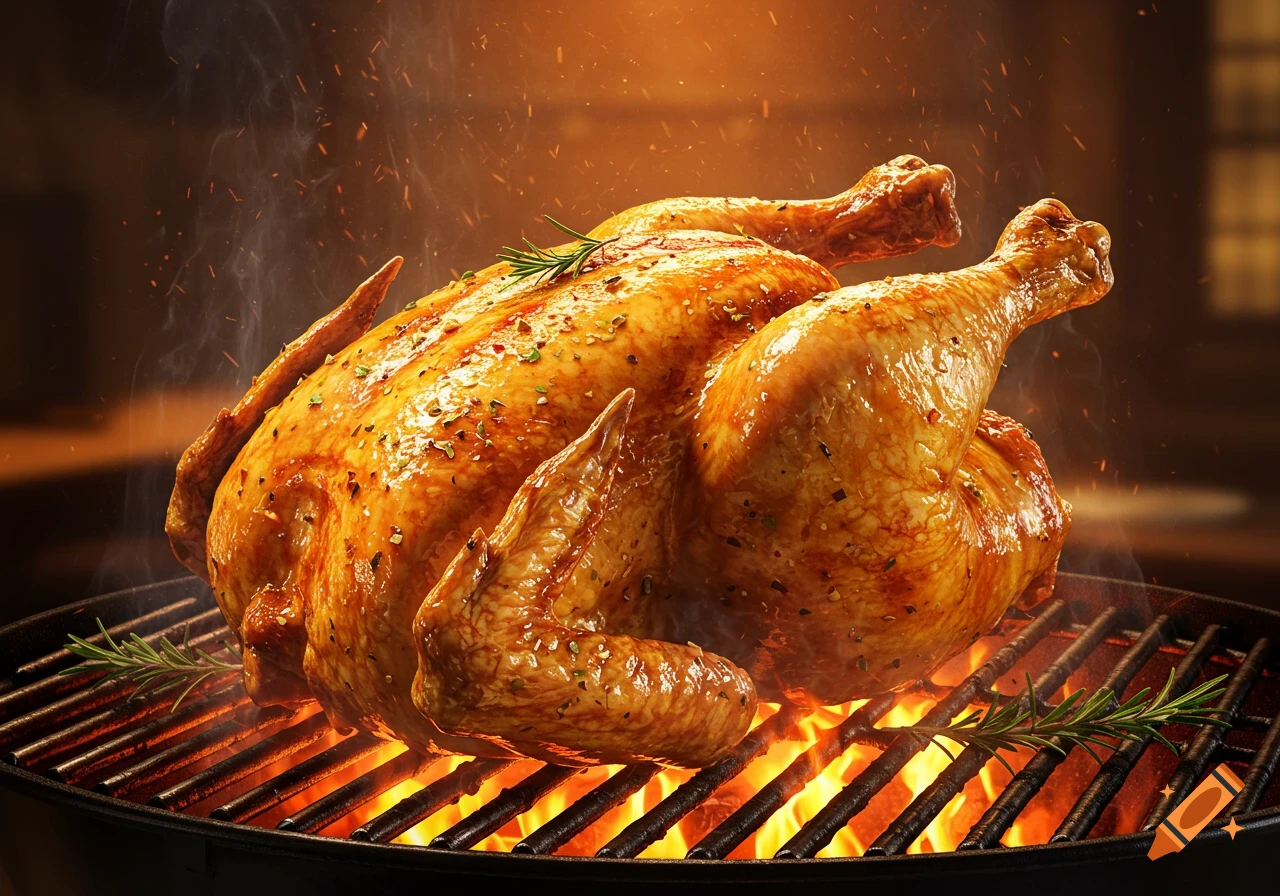 A golden brown roasted chicken with herbs and spices cooking on a fiery barbecue grill, with smoke rising.