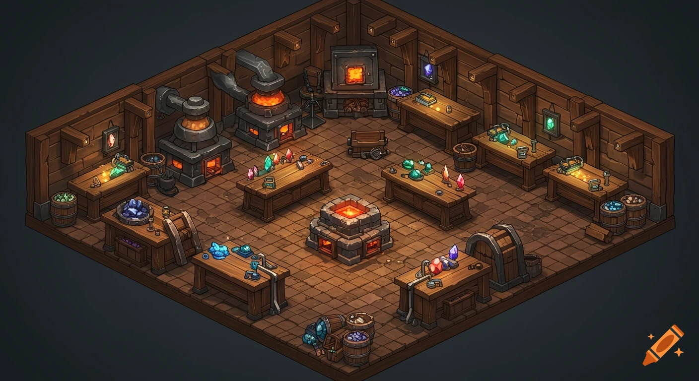 An isometric stylized fantasy mining and crafting base with furnaces, workstations, and colorful gems.