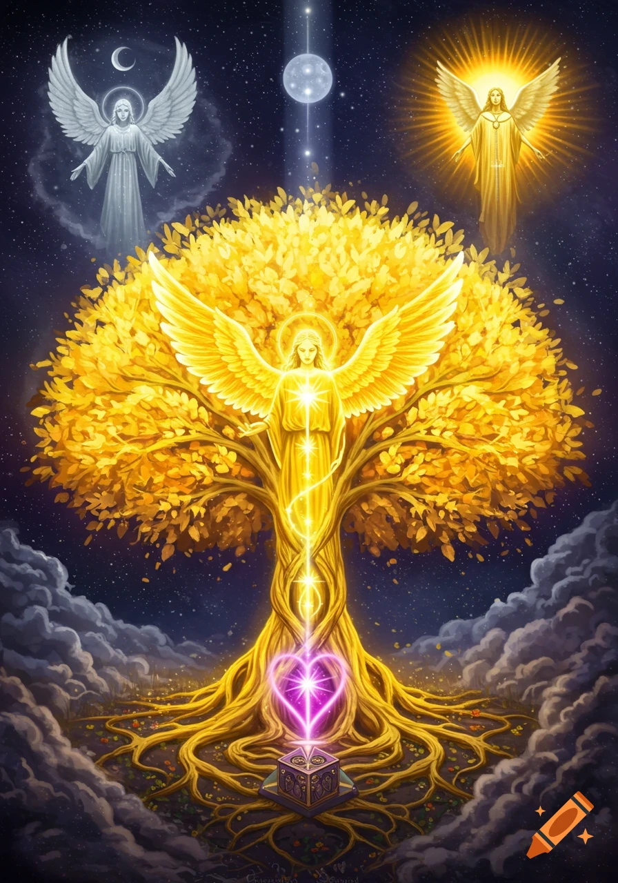 A radiant golden tree of life with an angel figure, flanked by silver and golden angels in a cosmic sky, a glowing heart emerges from a box below.