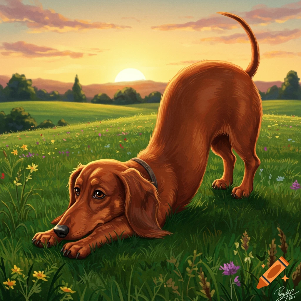 A brown dachshund in a play bow in a grassy field with colorful flowers under a bright sunset sky, in an illustrative style.