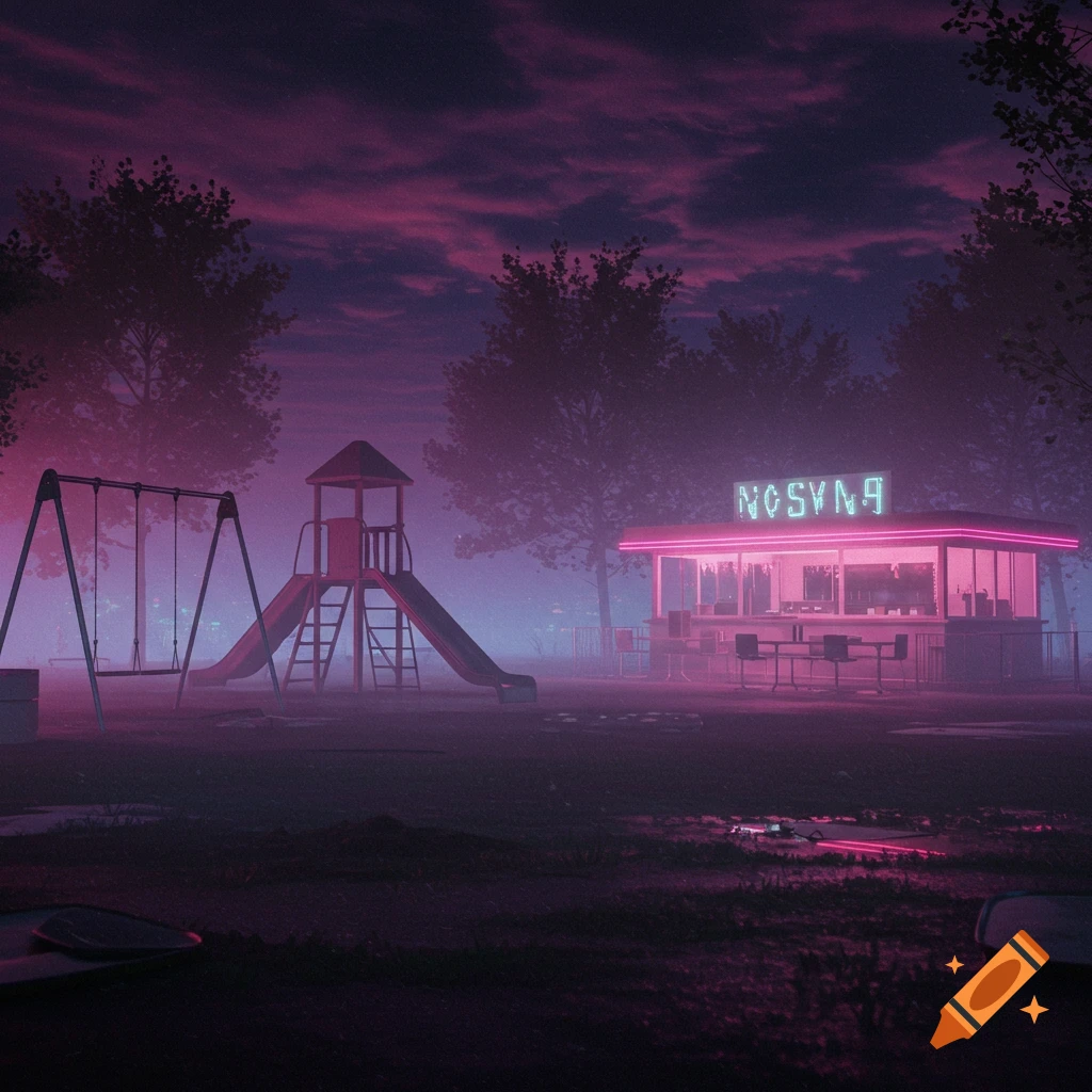 A dark, misty liminal space playground and diner glowing with purple and pink neon lights under a dramatic sky.