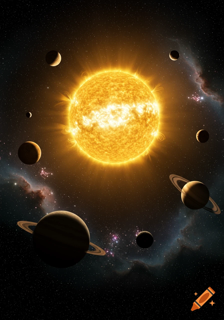A bright sun glows in the center surrounded by planets and moons orbiting in a dark, star-filled cosmic space with nebulae.