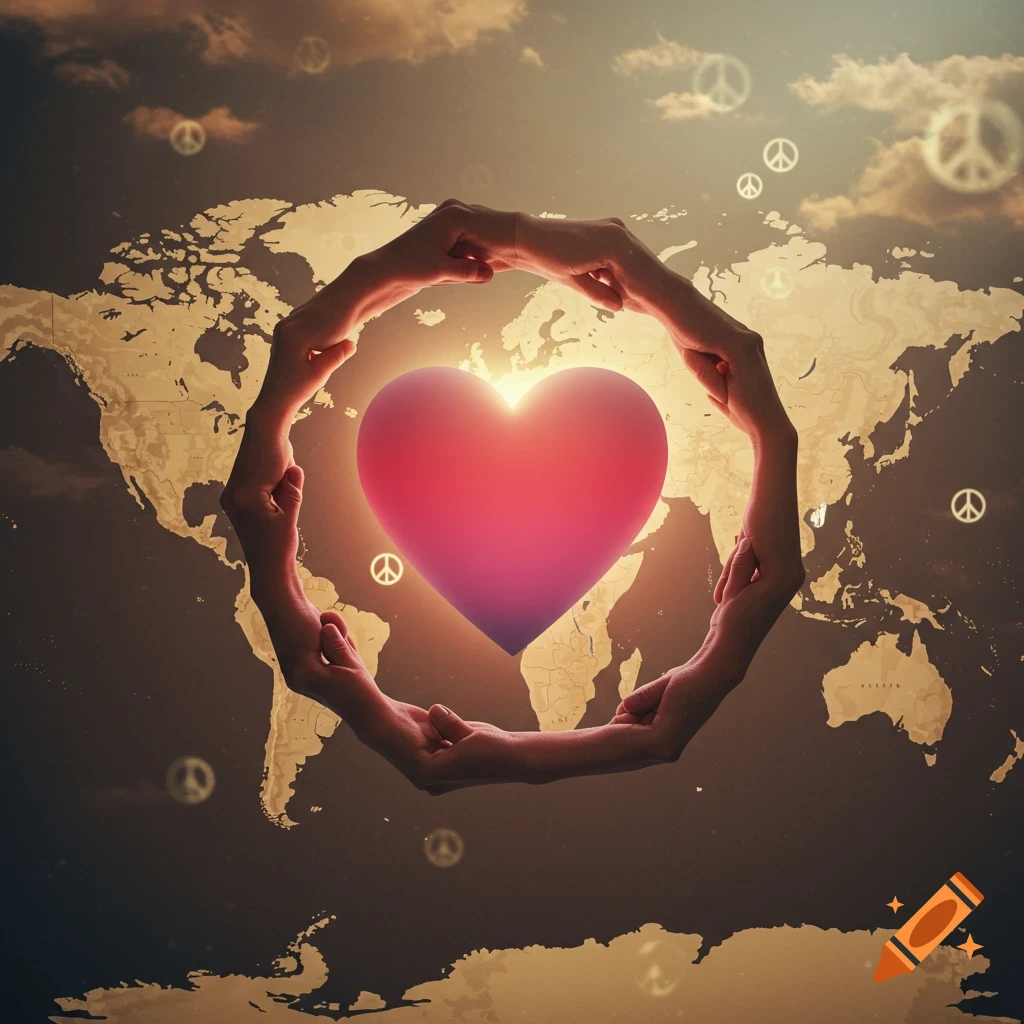 A glowing red and purple heart at the center of a world map, encircled by many hands forming an octagon, with peace symbols floating around.