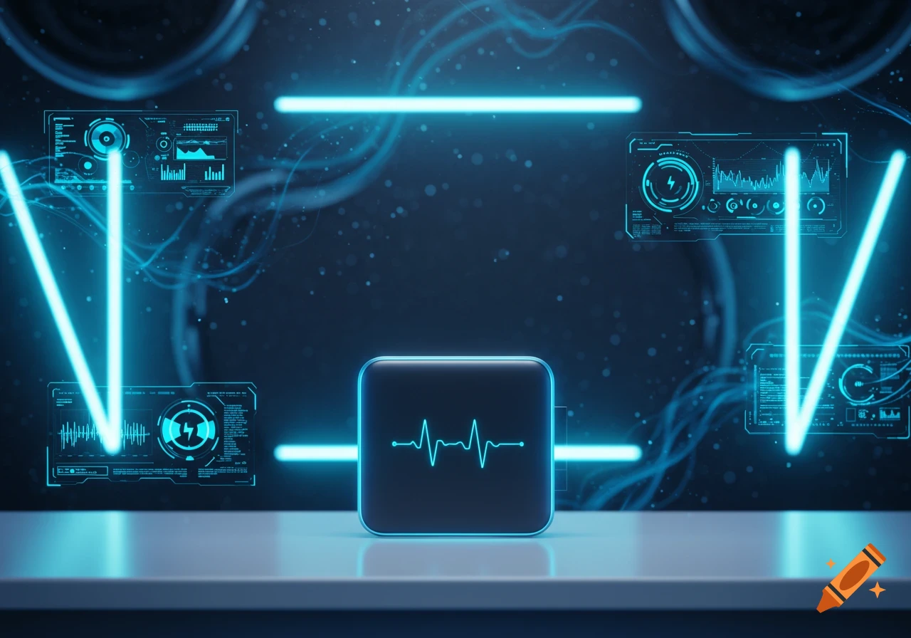 A glowing blue pulse icon on a black square, surrounded by digital HUDs and neon lines in a futuristic dark room.