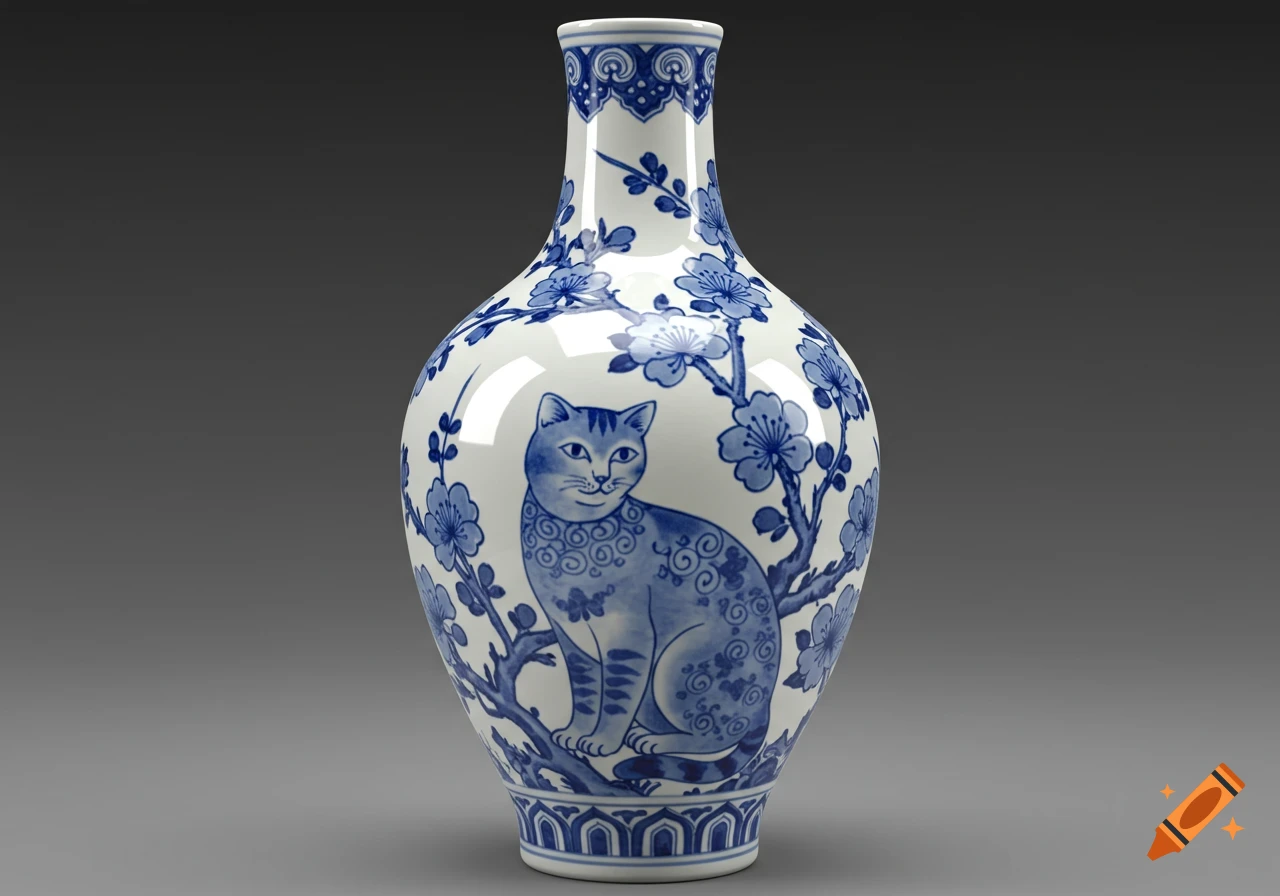 A detailed Chinese blue and white porcelain vase featuring a cat amidst traditional floral patterns.
